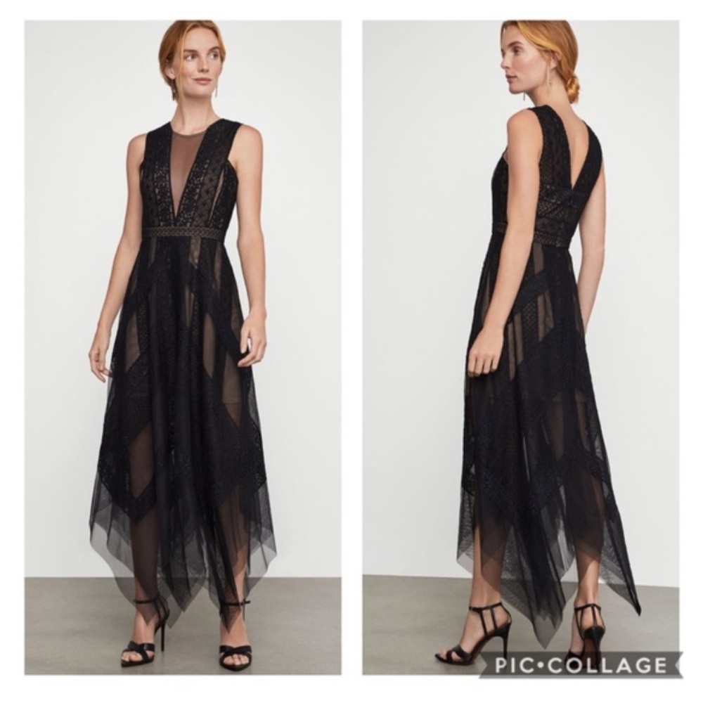 BCBG MAXAZRIA Andi Asymmetric Lace & Tulle Maxi Dress Black and nude sexy prom - Picture 5 of 13